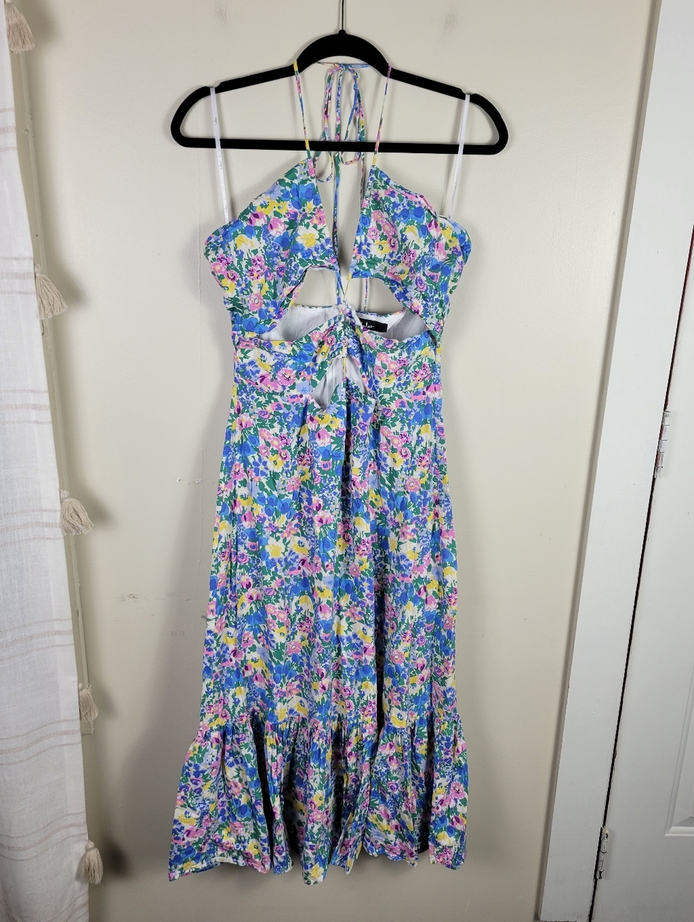 Lulus Stun The Scene Blue Multi Floral Print Drawstring Halter Midi Dress - Picture 5 of 10